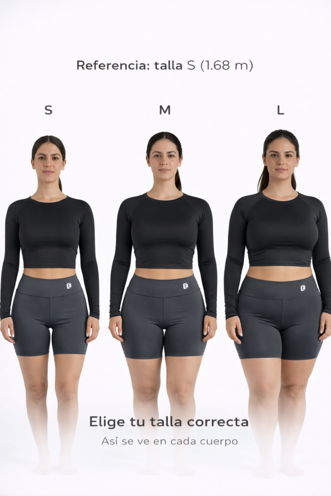 Guia visual de tallas de crop top manga larga de entrenamiento