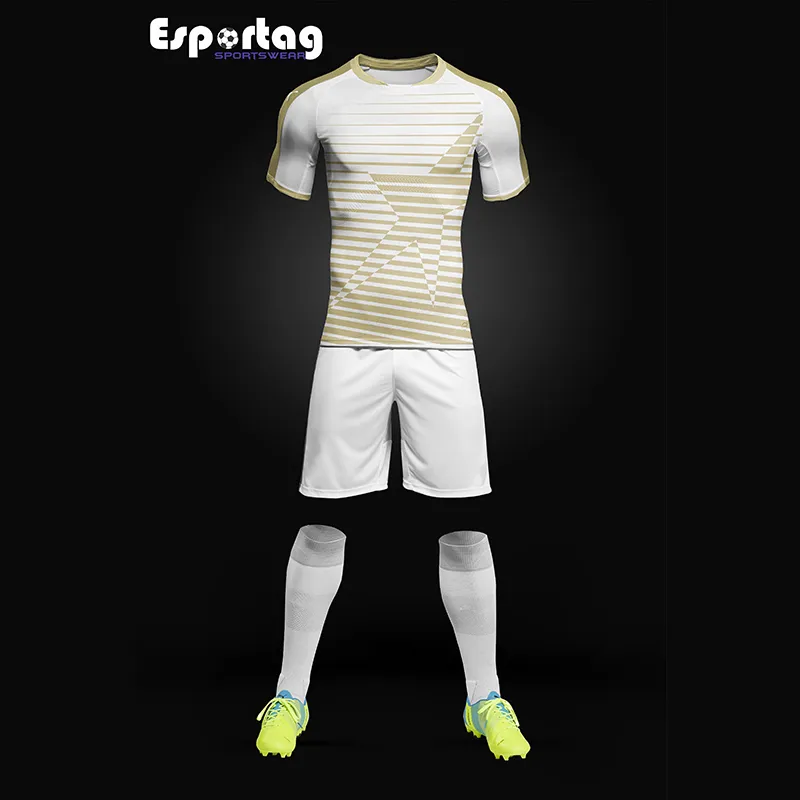 Uniforme de fútbol sublimado personalizado – camiseta, short y medias” “Diseño personalizado camiseta de fútbol con escudo bordado” “Uniforme de equipo sublimado colores brillantes Esportag