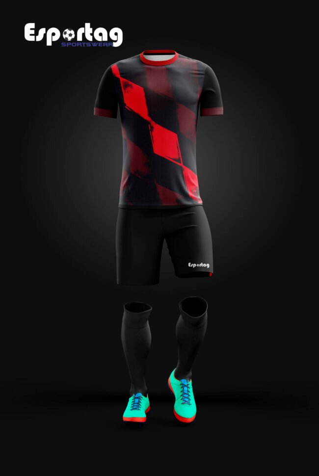 Etiquetas ALT sugeridas para las imágenes “Uniforme de fútbol sublimado personalizado – camiseta, short y medias” “Diseño personalizado camiseta de fútbol con escudo bordado” “Uniforme de equipo sublimado colores brillantes Esportag”