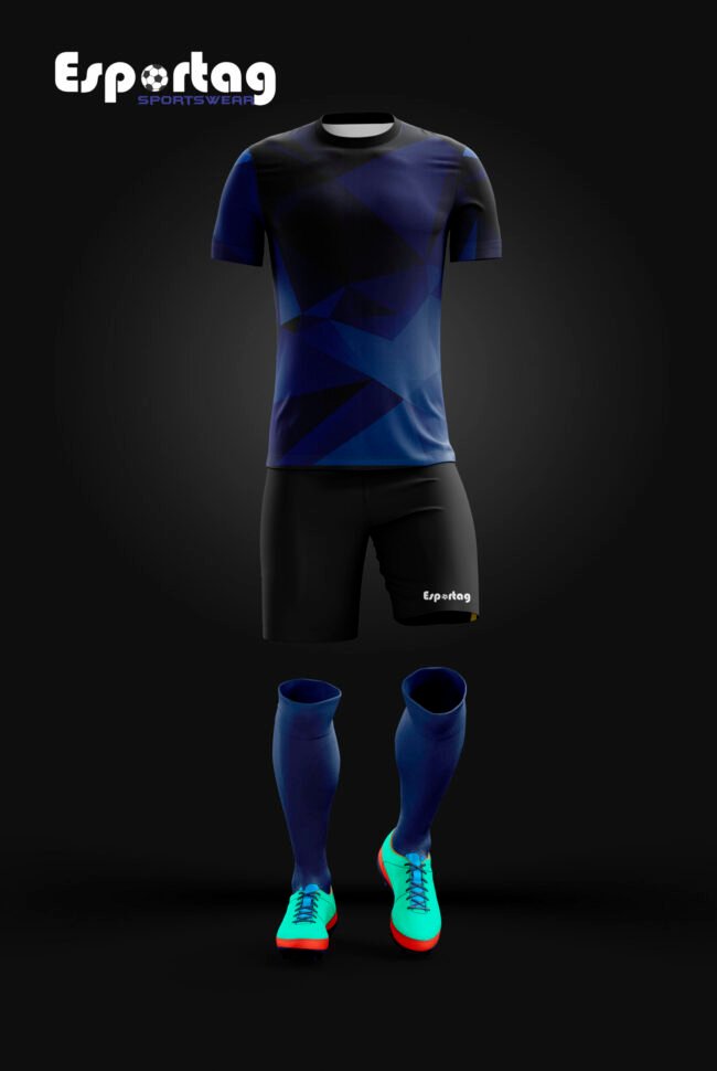 Etiquetas ALT sugeridas para las imágenes “Uniforme de fútbol sublimado personalizado – camiseta, short y medias” “Diseño personalizado camiseta de fútbol con escudo bordado” “Uniforme de equipo sublimado colores brillantes Esportag”